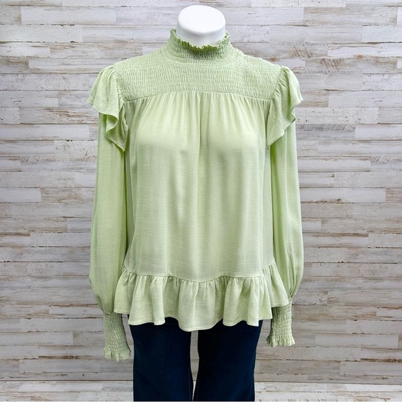Anthropologie English Factory Mock Neck Ruffle Top Womens Size XS Green Smocked - Picture 3 of 15